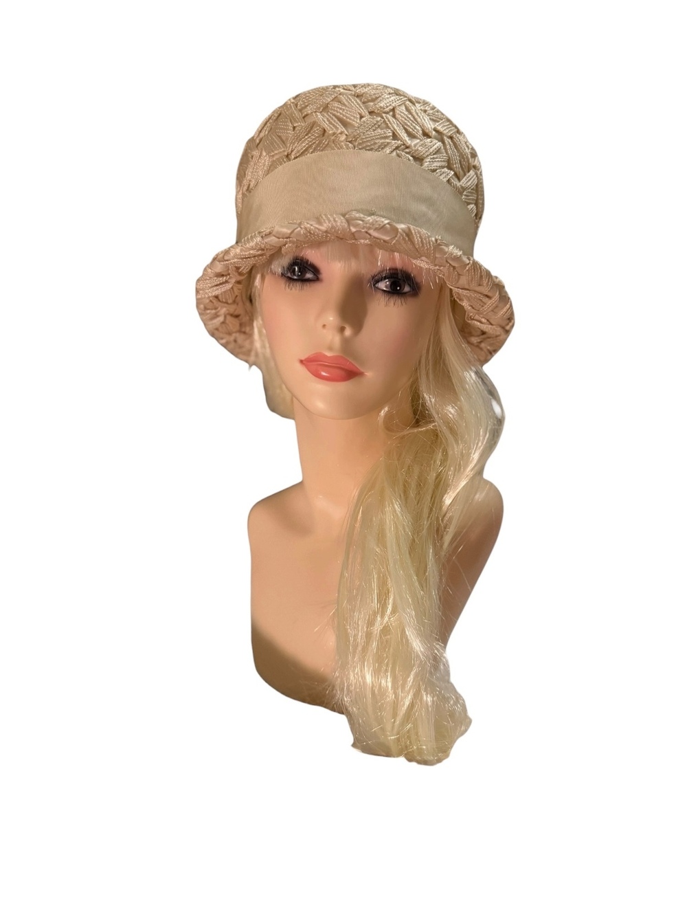 Vintage Beige Woven Straw Cloche Hat with Button Accent